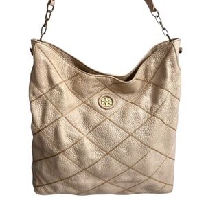Tory Burch Womens Port Frida Blush Pink Diamond Stitched Pebbled Hobo Tote $548